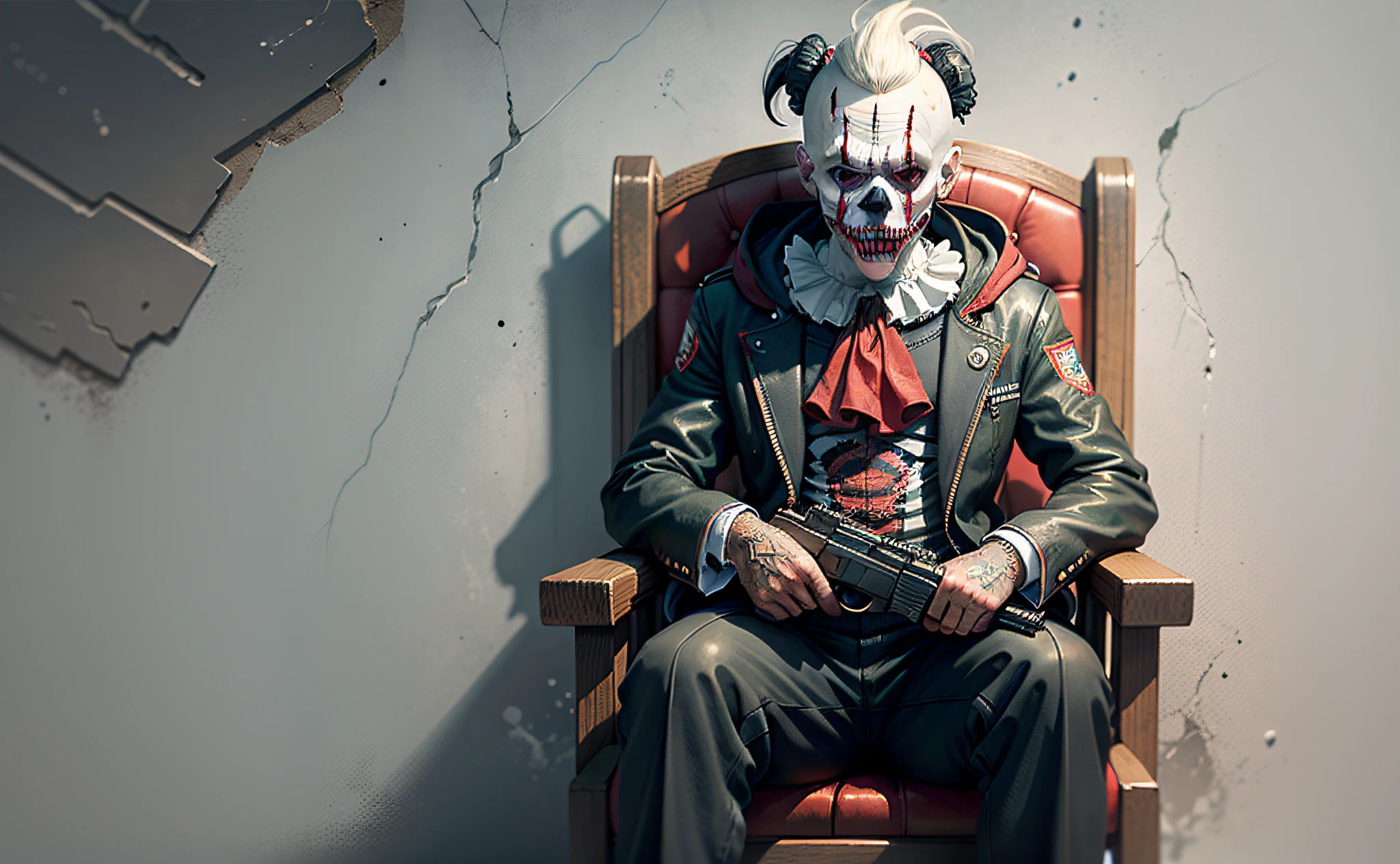 Logo, horror clown Art Logo, The clown is holding an Ak-47 in his hands, They are sitting in a chair and in the background a wall with destroyed bricks, com dentes afiados, Com Olhos Brilhantes, in circle, fundo branco, minimal and pure, simples, Ultra Detalhado, Projeto Detalhado, vectorization, silhueta, 8k.