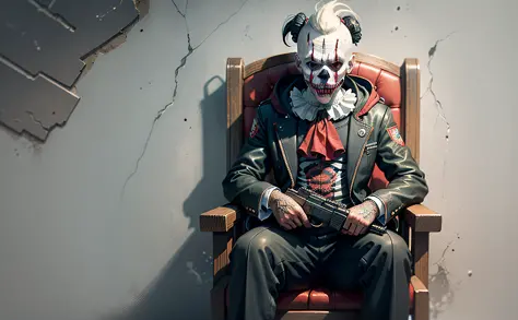 Logo, horror clown Art Logo, The clown is holding an Ak-47 in his hands, They are sitting in a chair and in the background a wal...