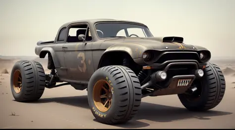 (((low-slung tuned futuristic cyberpunk mate brown badass rat rod zeekar))) hotrod, at the parking lot, wide tires, (mad max sty...