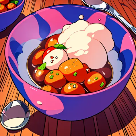 a cartoon of a bowl of food，spoon and spoon sticking out, mapo tofu cartoon, negao, daopao, doomy, oozing, digital illustration,...