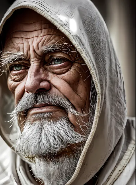An epic close up portrait of elderly intense sinister eyes, and nose with long white beard, framed with a faded ancient tattered...