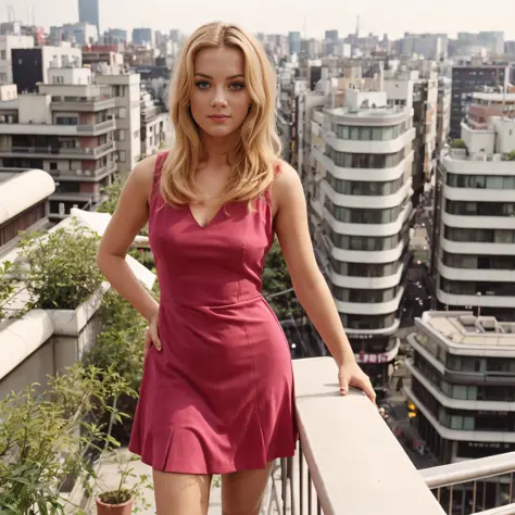 70s colors photo of bb with long blonde hair looking at the camera, wearing a pink sleeveless dress standing on a balcony, posin...