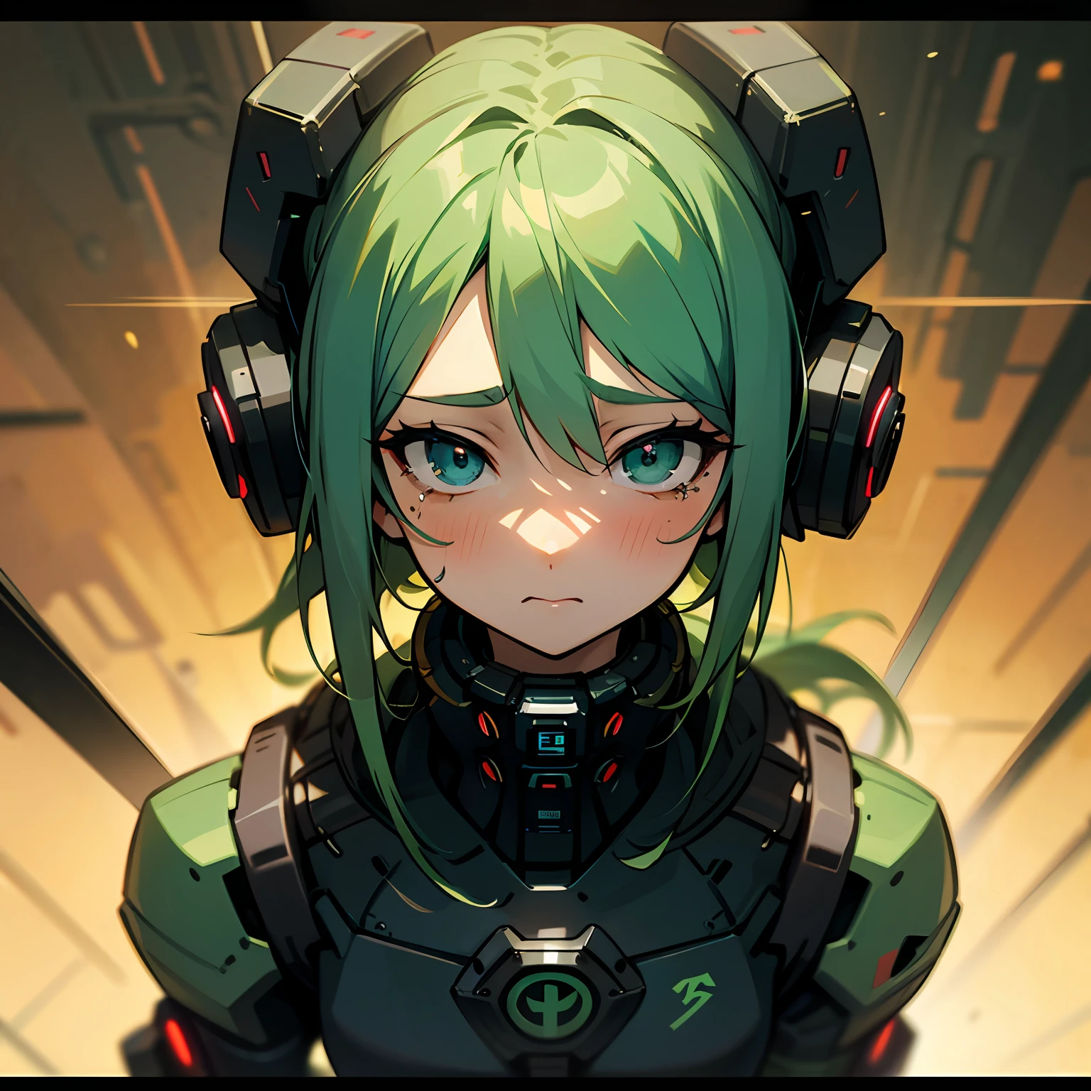 Chica anime con cabello verde y auriculares parada frente a una pared. -  SeaArt AI