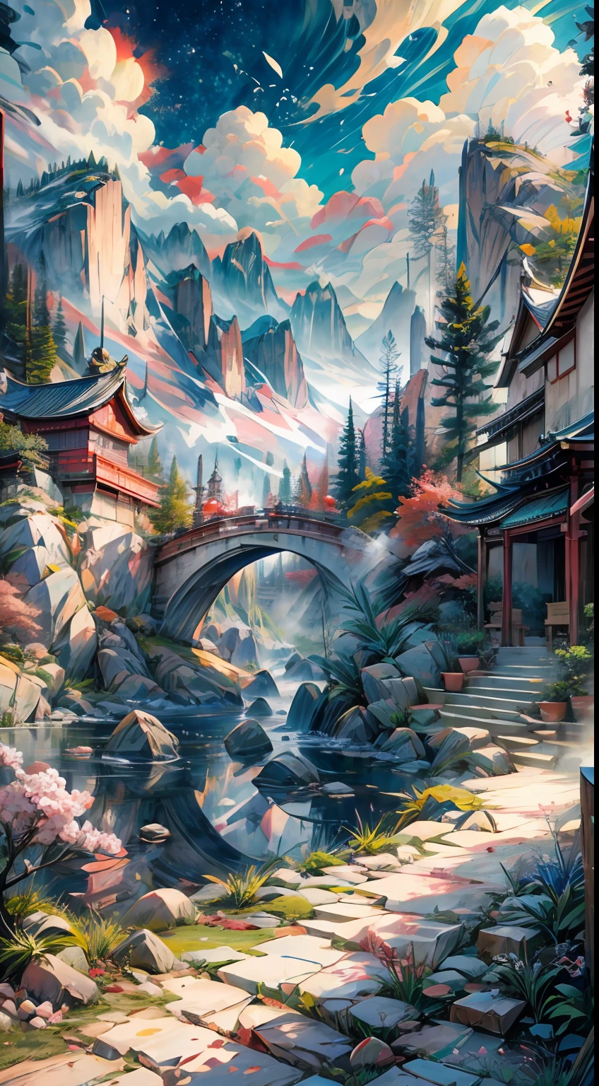 pintura de paisaje chino, Efecto de perspectiva alta, Inspirado en personajes creados por ellos mismos，Renderizado grabado, Estética tradicional, Representación exquisita, Lentes de alta calidad, Se representa el detalle, realista y natural。