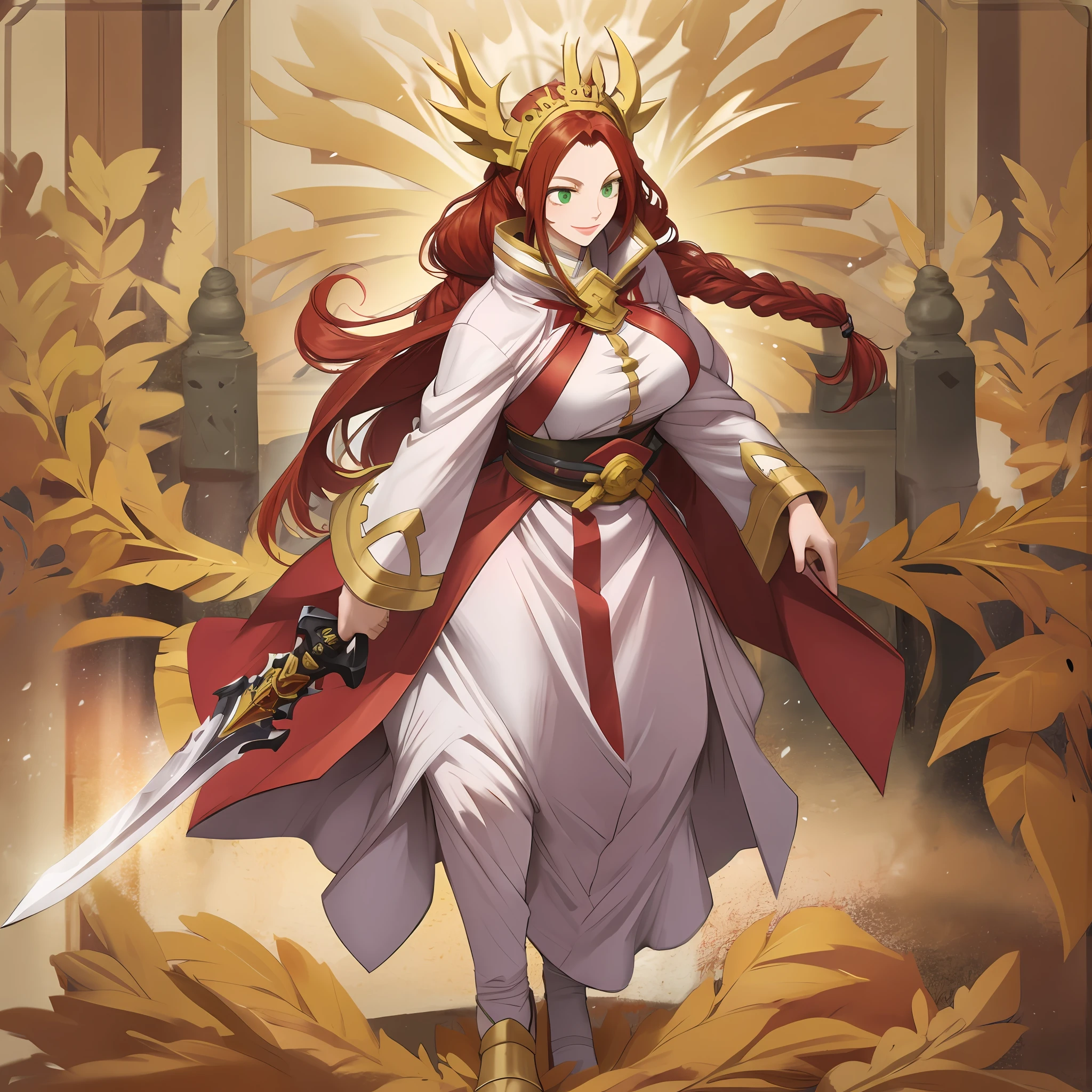 tsubaki yayoioi , blazblue, red hair, green eyes, long hair, tall female, warrior, sword, medieval, twin braids, priestess, holy, holy helmet, medium breasts, yellow cape, stylised helmet, light smile, full body, gold,european cloths, medieval , england, full body, christian, walking, solo focus, holding weapon