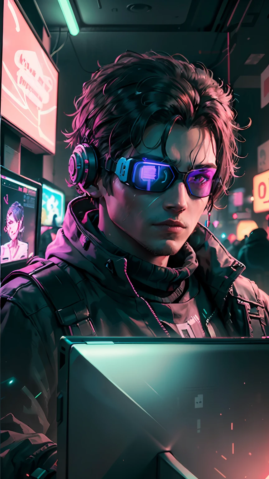 ((Best quality)), ((masterpiece)), (highly detailed: 1.3), 3D, NeonNoir, cyberpunk man, (using the head mounted display that is thick and hi-tech: 1.2), using a cover, hacking a computer terminal, PURPLE NEON MONITOR LIGHT, GREEN NEON SIGNS ON THE WALL,