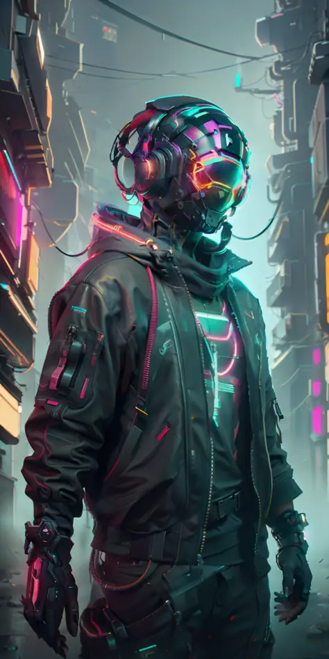 (obra-prima, intrinsic raw photography)cyberpunk citizen in oversize techwear, usando um capacete preto estilo astro daftpunk, d...