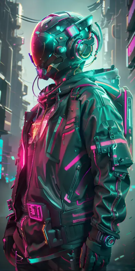 (obra-prima, intrinsic raw photography)Cyberpunk citizen in Oversize techwear, usando um capacete preto estilo astro daftpunk, d...