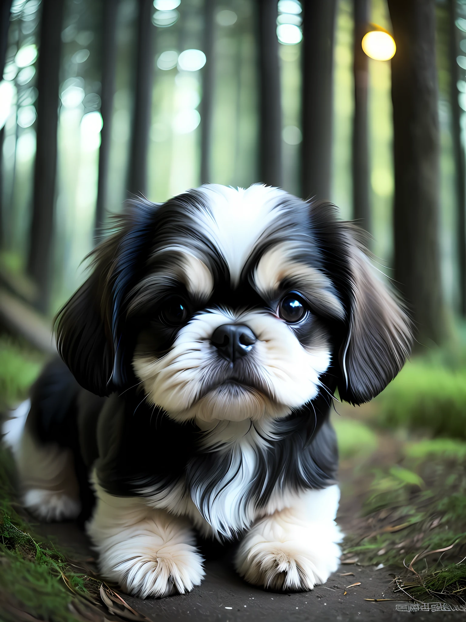 close-up photo of a shih tzu puppy, completely black color, jumping very cute in the forest, soft volumetric lights (backlight: 1.3), (kinematics: 1.2), details Intricate (artstation: 1.3)