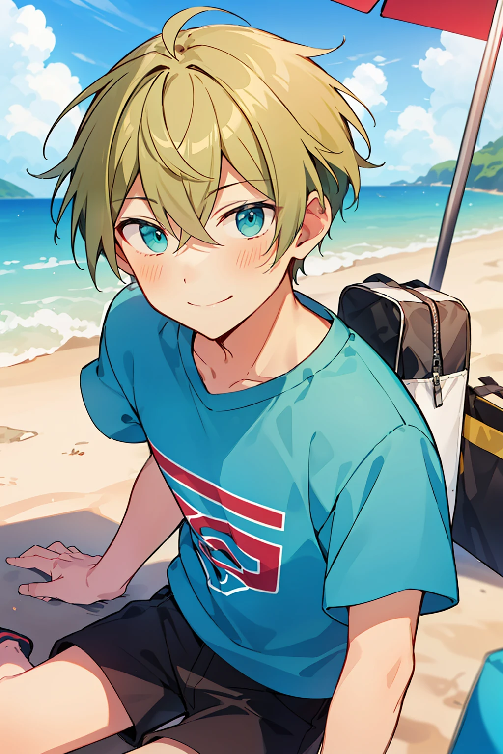 (高质量, 惊险),(富有表现力的眼睛, 完美脸蛋), 1个男孩, 男性, 独自的, 短的, 小男孩, 短的 greenish blonde hair, 蓝绿色的眼睛, 微笑, T恤, 在沙滩上, 半身