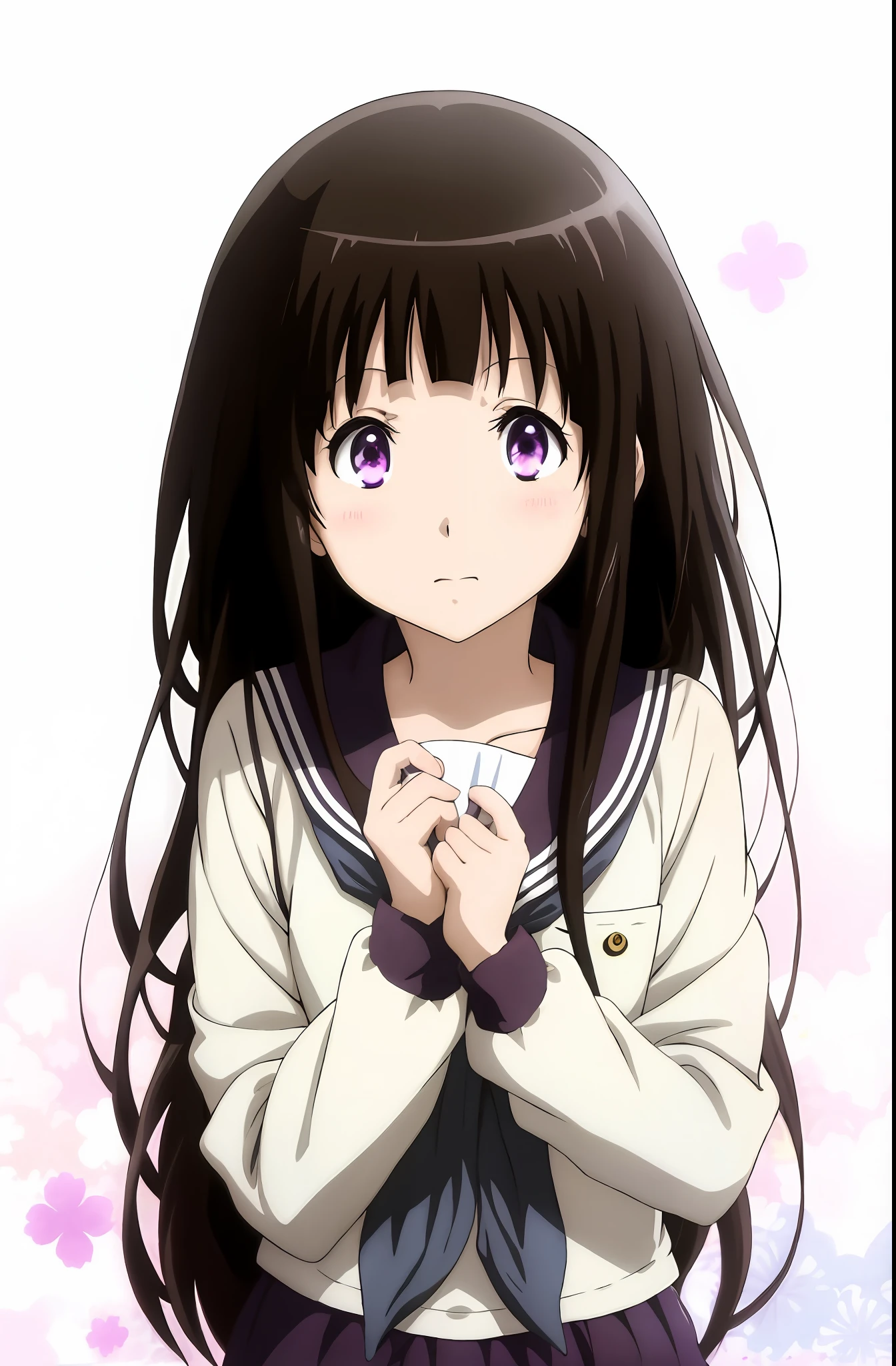 Hyouka Chitanda Fille d&#39;anime aux longs cheveux noirs et aux yeux violets. cute fille animée, pretty fille animée, belle lycéenne anime, extremely cute fille animée face, cute fille animée portraits, (fille animée), joli visage d&#39;anime, cute fille animée portrait, fille anime cheveux longs, style animé 4k, beautiful fille animée