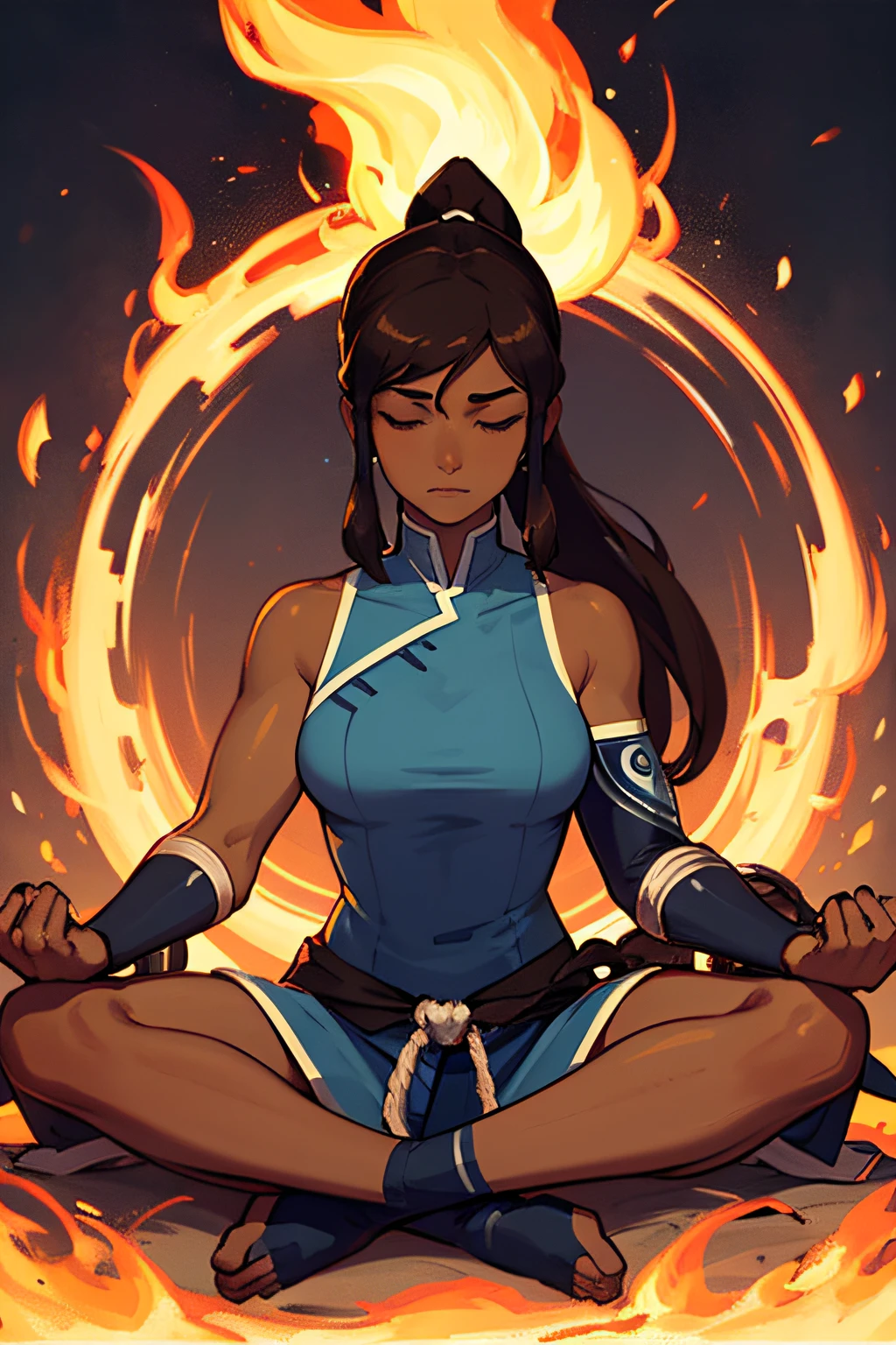 masterpiece, best quality, 1girl, korra, casting circe of fire arround her, solo, dark skin, blue eyes, brown hair, dark-skinned female, fire, hair tubes, dark, ponytail, long hair, topknot, breasts, bare shoulders, serious, closed eyes, meditating, sitting, avatar meditation,