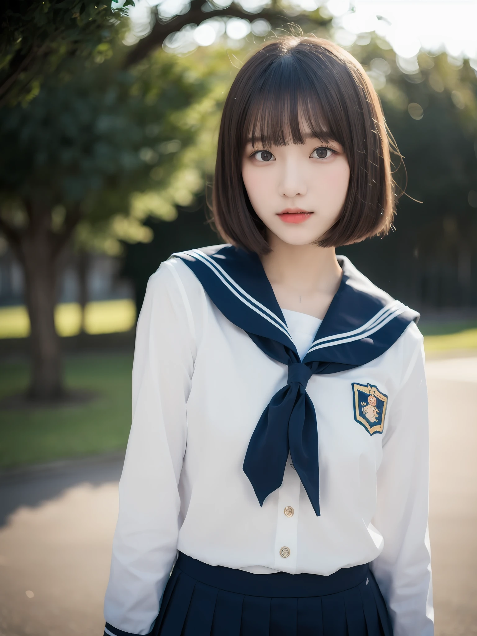 (best quality, 8k, 32k, masterpiece, UHD:1.2), 1girl, pretty japanese girl, Highschool girl, Bobcut, Sailor uniform, Bust Shot, looking towards camera, Outdoors, Blunt bangs