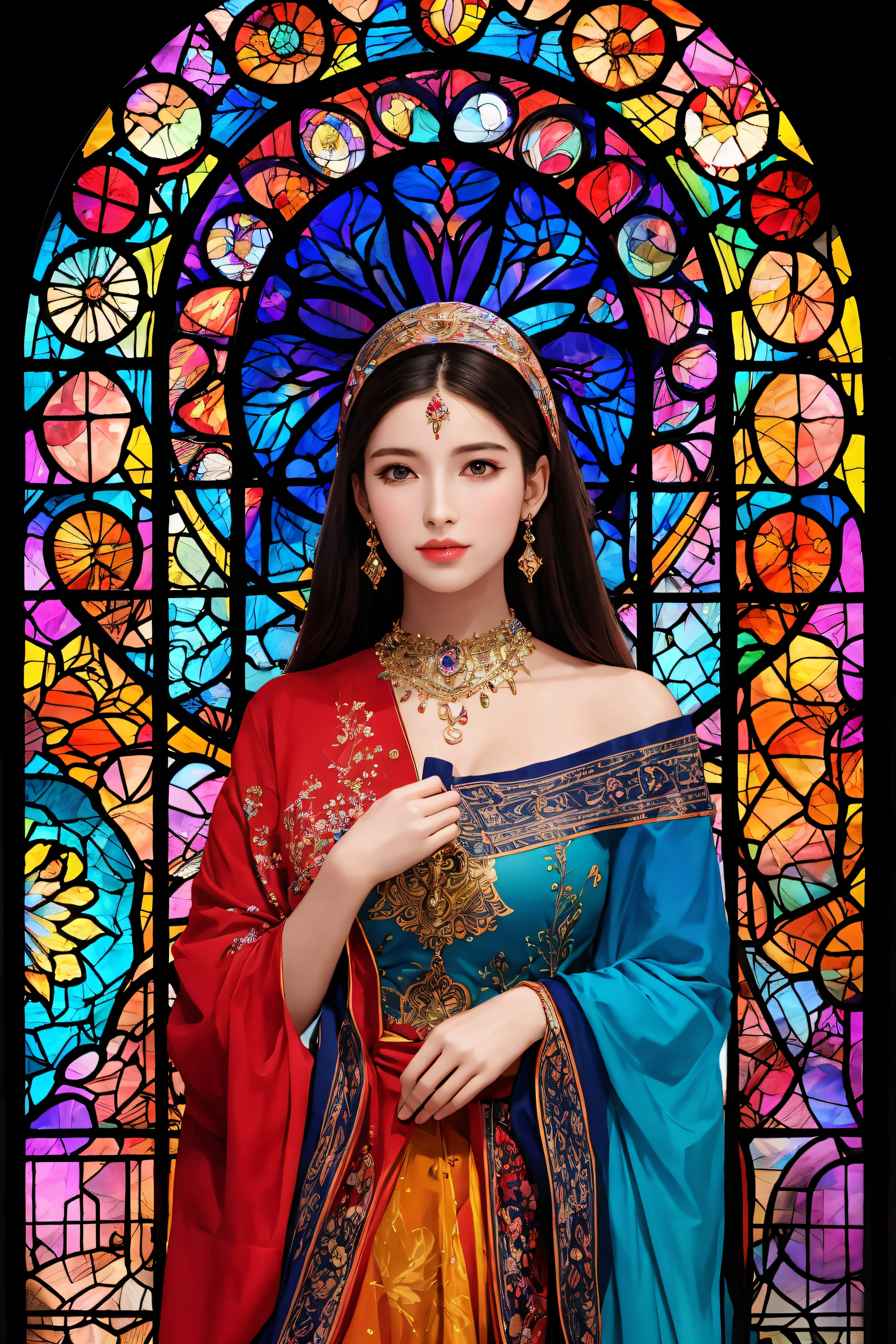 (masterpiece, top quality, best quality,official art, beautiful and aesthetic:1.2),(1girl:1.3), 1girl BREAK stained glass art, colored glass, huge breasts,, lead lines, light transmission BREAK vibrant colors, intricate designs, luminous effects, spiritual ambiance,