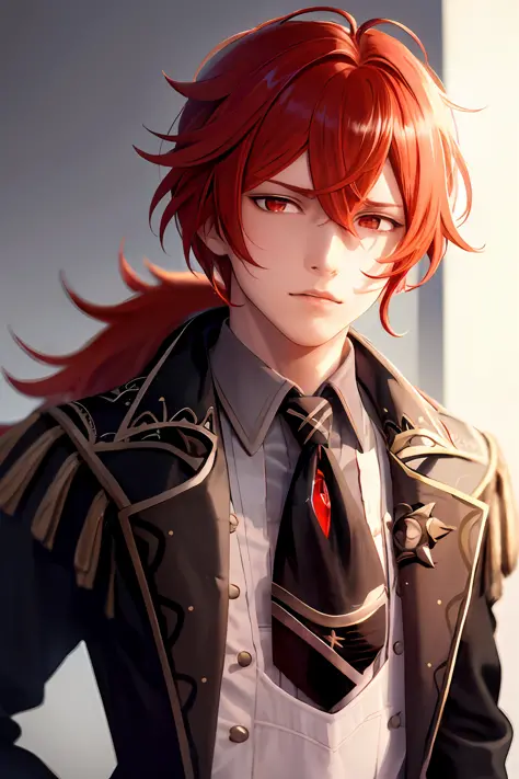 masterpiece, best quality, diluc (genshin impact), 1boy, red hair, male focus, long hair, gloves, solo, red eyes, bangs, long sl...