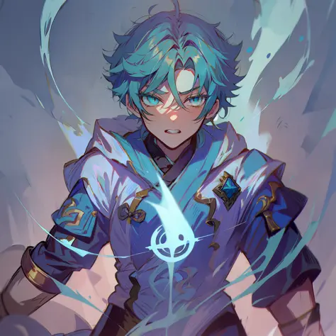 0.7>(masculino),Menino anime com cabelo azul e olhos azuis em uma roupa azul, Keqing por Genshin Impact, Demon Slayer rui fanart...