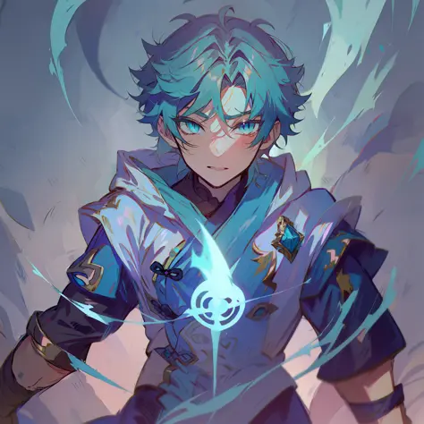 0.7>(masculino),Menino anime com cabelo azul e olhos azuis em uma roupa azul, Keqing por Genshin Impact, Demon Slayer rui fanart...