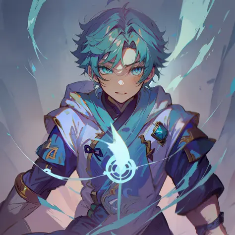 0.7>(masculino),Menino anime com cabelo azul e olhos azuis em uma roupa azul, Keqing por Genshin Impact, Demon Slayer rui fanart...