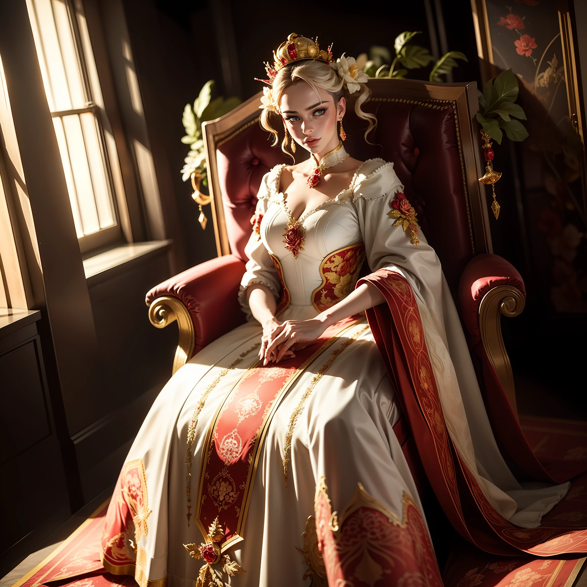 Extremely detailed woman sitting on her throne with reflective 다이아몬드 세부사항 with a dominant pose in front of the stairs, 그녀 뒤에 있는 거대하고 매우 상세한 창문, 흰색 블랙라이트와 함께, 앞머리가 있는 밝은 금발 머리, 매우 큰 다이아몬드 왕관, 매우 밝고 밝고 큰 파란 눈, 주근깨, 시청자를 극도로 경멸하고 증오하는 표정으로 내려다보고 있습니다.,  긴, 골드 디테일과 레드 스트랩이 있는 화이트 드레스, 중간에 흰색 퍼지 계단이 있고 끝 부분에 빨간색 천이 있음, 각 접힌 부분에 동일한 골드 디테일이 있습니다.,, 머리카락에 매우 강한 조명과 그림자, 얼굴에 그림자가 너무 강하다, 다이아몬드 세부사항,체적 조명, 언리얼 렌더링, 옥탄 렌더, 완벽한 얼굴, 완벽한 드레스, 완벽한 손, 완벽한 얼굴,  완벽한 눈, 매력적인 분위기, 레이 트레이싱 반사, 광선 추적, RTX, HDR, 갈다, 시네마틱, 황금 시간