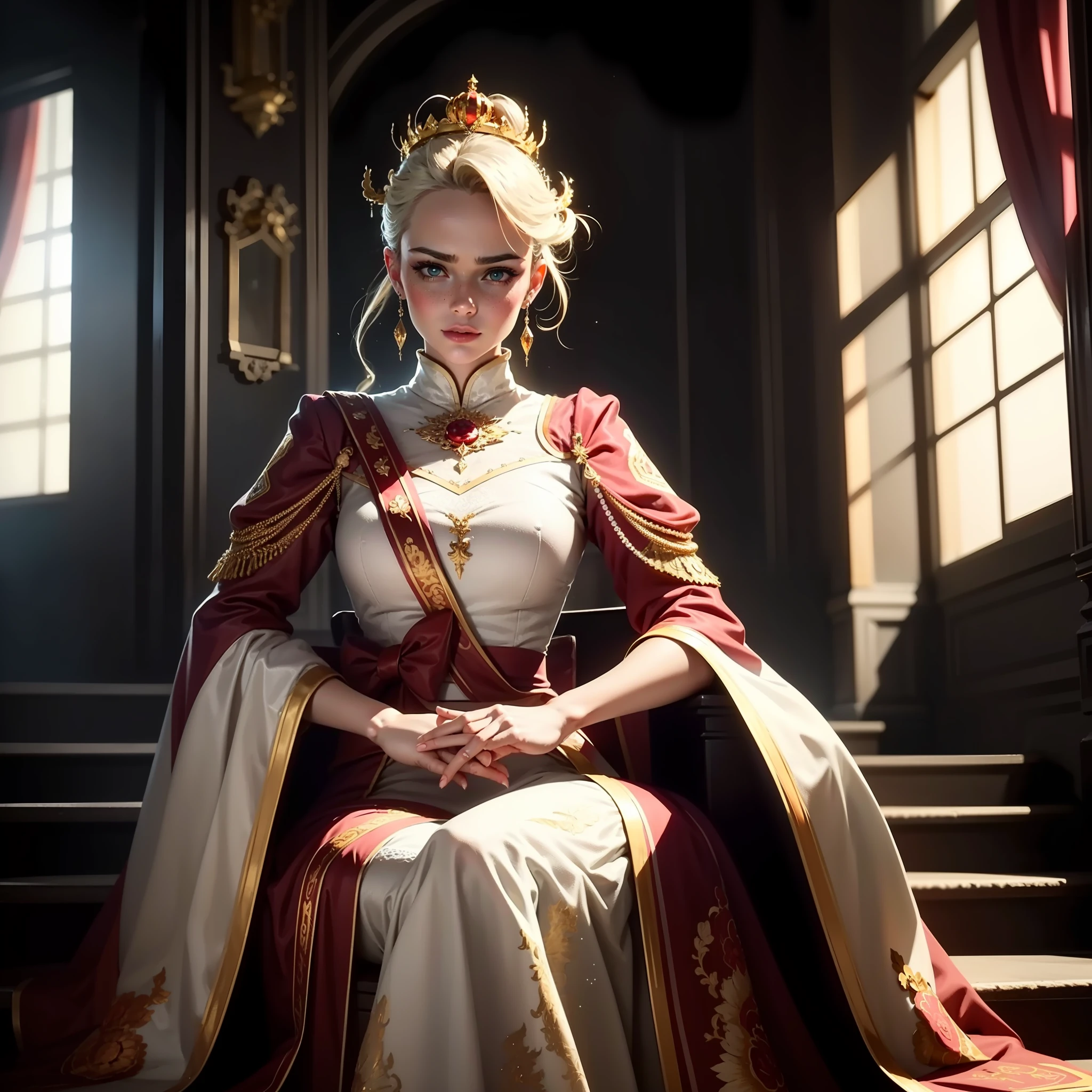 Extremely detailed woman sitting on her throne with reflective รายละเอียดเพชร with a dominant pose in front of the stairs, หน้าต่างขนาดยักษ์และมีรายละเอียดมากด้านหลังเธอ, มีแสงสีดําสีขาว, ผมสีบลอนด์สดใสกับเรียบ, มงกุฎเพชรขนาดใหญ่มาก, ดวงตาสีฟ้าขนาดใหญ่ที่สว่างและสว่างมาก, กระ, มองลงมาด้วยรูปลักษณ์ของการดูถูกและความเกลียดชังอย่างรุนแรงสําหรับผู้ชม, ยาว, ชุดเดรสสีขาว คอกลม แขนกุด ผ้าชีฟอง ผ้าชีฟอง, บันไดเลือนสีขาวตรงกลางและผ้าสีแดงที่ปลาย, ด้วยรายละเอียดสีทองที่เหมือนกันในแต่ละพับ,, แสงที่แข็งแกร่งมากและเงาบนเส้นผม, เงาที่แข็งแกร่งมากบนใบหน้า, รายละเอียดเพชร,แสงปริมาตร, การเรนเดอร์ที่ไม่จริง, การเรนเดอร์ค่าออกเทน, ใบหน้าที่สมบูรณ์แบบ, ชุดที่สมบูรณ์แบบ, มือที่สมบูรณ์แบบ, ใบหน้าที่สมบูรณ์แบบ, ดวงตาที่สมบูรณ์แบบ, บรรยากาศเย้ายวนใจ, การสะท้อนของการติดตามรังสี, เรย์ เทรซ, RTX, เอชดีอาร์, เหลา, โรงภาพยนตร์, ชั่วโมงทอง