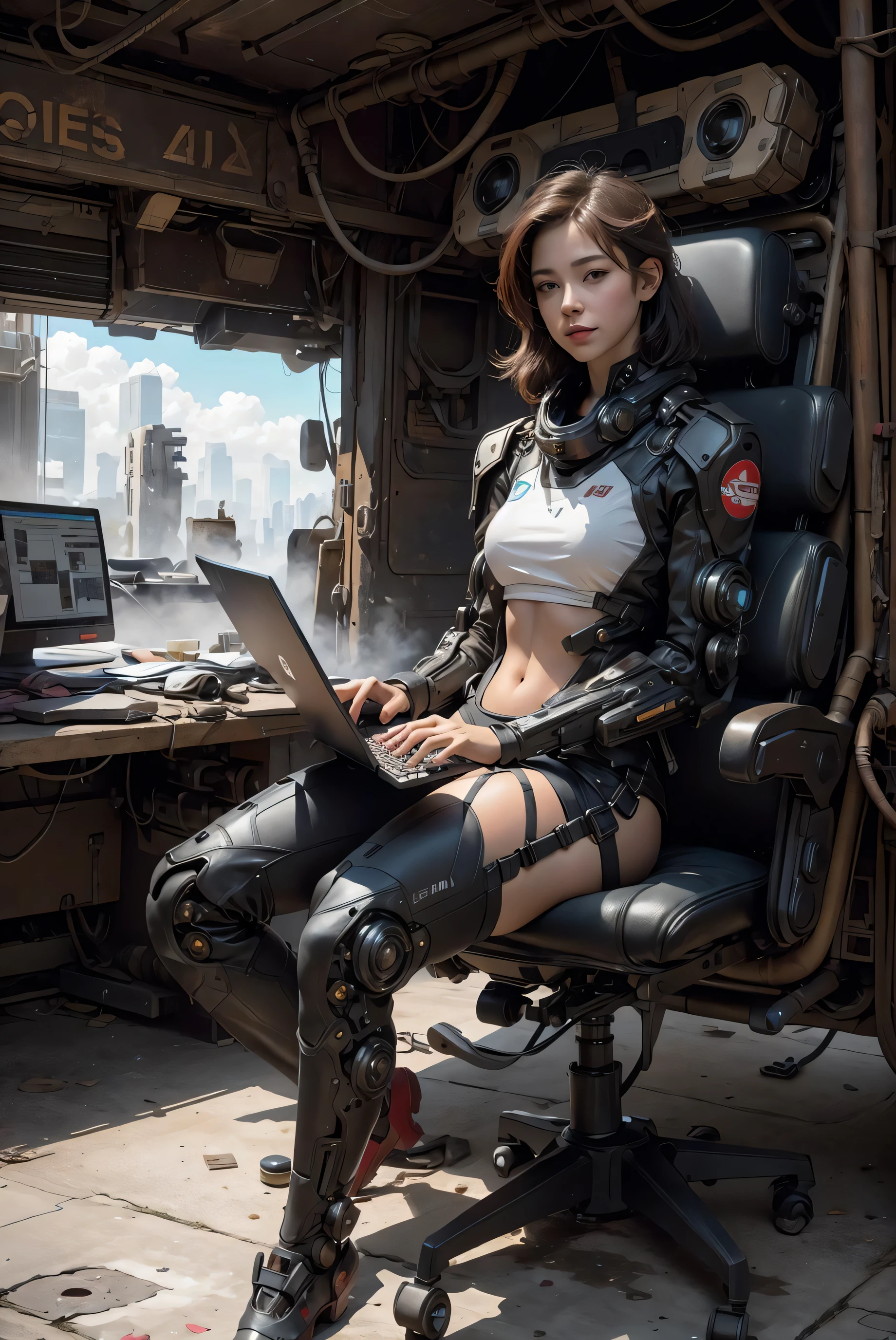 a woman sitting in a chair with a computer on it's back and a keyboard on her lap, Eve Ryder, laurie greasley, cyberpunk art, space art,
mecha pilot girl, smile, 1girl, mecha, cockpit, inside robot
slim body,  body suit,
high-tech theme, small hip, 
high detail, realistic, photo quality, high quality,  (photorealistic:1.4), science fiction