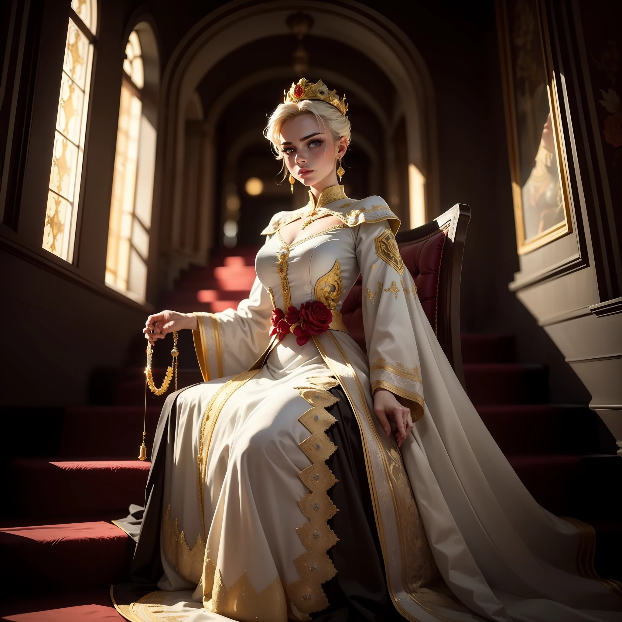 Extremely detailed woman sitting on her throne with reflective Detalles del diamante with a dominant pose in front of the stairs, Ventana gigante y extremadamente detallada detrás de ella, con luz negra blanca, cabello rubio brillante con flequillo, Corona de diamantes extremadamente grande, Ojos azules grandes extremadamente claros y brillantes, pecas, mirando hacia abajo con una mirada de extremo desprecio y odio hacia el espectador, largo, Vestido blanco con detalles dorados y tirantes rojos, escaleras blancas difusas en el medio y tela roja en los extremos, con detalles dorados idénticos en cada pliegue,, Iluminación y sombra extremadamente fuertes en el cabello, sombra extremadamente fuerte en la cara, Detalles del diamante,iluminación volumétrica, Renderizado irreal, renderizado de octanaje, cara perfecta, vestido perfecto, manos perfectas, cara perfecta, ojos perfectos, Ambiente glamuroso, Reflexiones de trazado de rayos, trazado de rayos, RTX, hdr, Afilar, cinematográfico, hora dorada