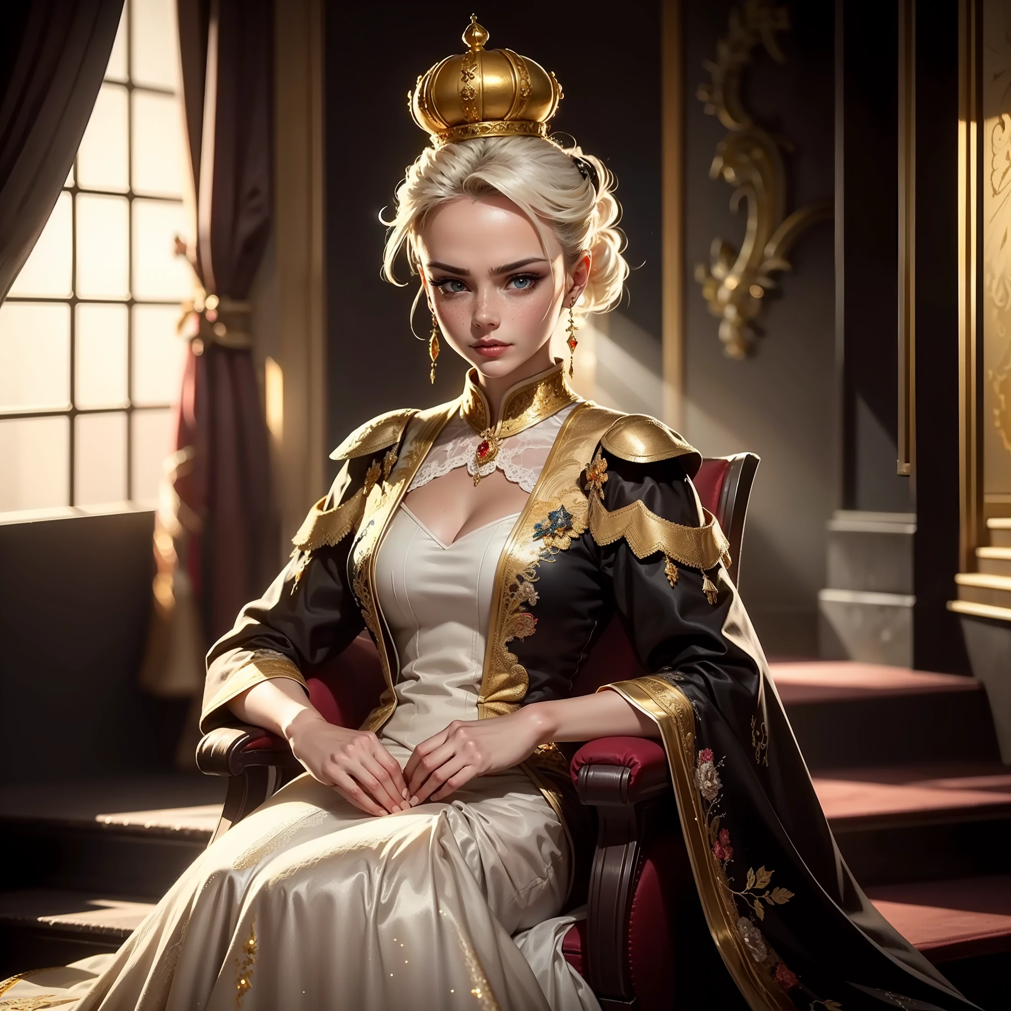 Extremely detailed woman sitting on her throne with reflective Diamantdetails with a dominant pose in front of the stairs, riesiges und äußerst detailliertes Fenster hinter ihr, mit weißem Schwarzlicht, hellblonde Haare mit Pony, extrem große Krone aus Diamanten, extrem helle und leuchtende große blaue Augen, Sommersprossen, Blick nach unten mit Blick der extremen Verachtung und des Hasses für den Betrachter, lang, weißes Kleid mit goldenen Details und roten Trägern, weiße Flaumtreppe in der Mitte und roter Stoff an den Enden, mit identischen Golddetails in jeder Falte,, extrem starkes Licht und Schatten auf den Haaren, extrem starker Schatten im Gesicht, Diamantdetails,volumetrische Beleuchtung, unreal render, octane render, perfektes Gesicht, Perfektes Kleid, perfekte Hände, perfektes Gesicht, perfekte Augen, Glamour-Atmosphäre, Raytracing-Reflexionen, Raytracing, rtx, HDR, schärfen, filmisch, Goldene Stunde