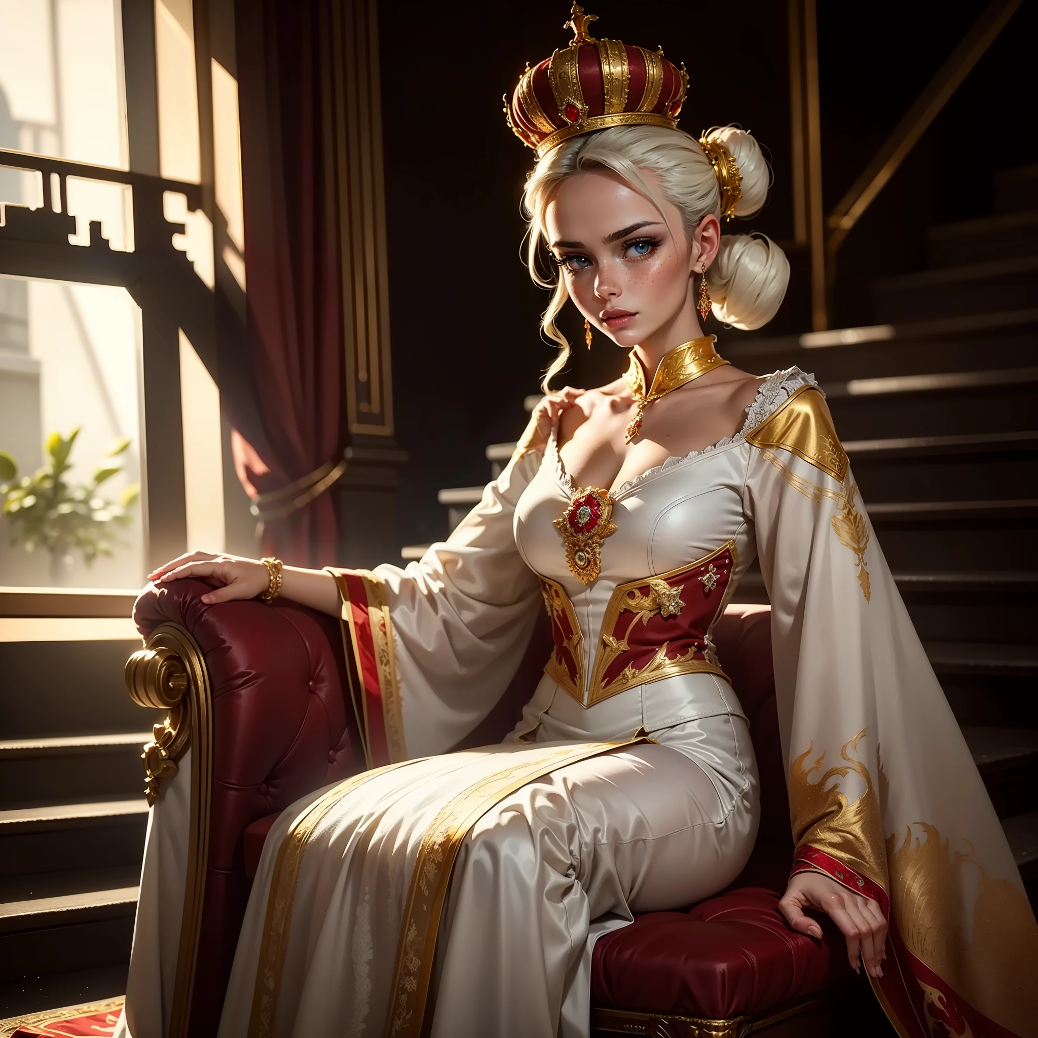 Extremely detailed woman sitting on her throne with reflective детали бриллианта with a dominant pose in front of the stairs, Гигантское и чрезвычайно детализированное окно позади нее, с белым черным светом, Светлые волосы с челкой, Чрезвычайно большая корона бриллиантов, Чрезвычайно светлые и яркие, большие голубые глаза, веснушки, глядя вниз взглядом крайнего презрения и ненависти к зрителю;, длинный, Белое платье с золотыми деталями и красными бретелями, Белая пушистая лестница посередине и красная ткань на концах, с одинаковыми золотыми деталями в каждой складке,, чрезвычайно сильное освещение и тень на волосах, чрезвычайно сильные тени на лице, детали бриллианта,Объемное освещение, нереальный рендер, Октановый рендер, идеальное лицо, идеальное платье, Идеальные руки, идеальное лицо, прекрасные глаза, гламурная атмосфера, Отражения трассировки лучей, Прослеженный луч, РТХ, HDR, точить, кинематографический, золотой час