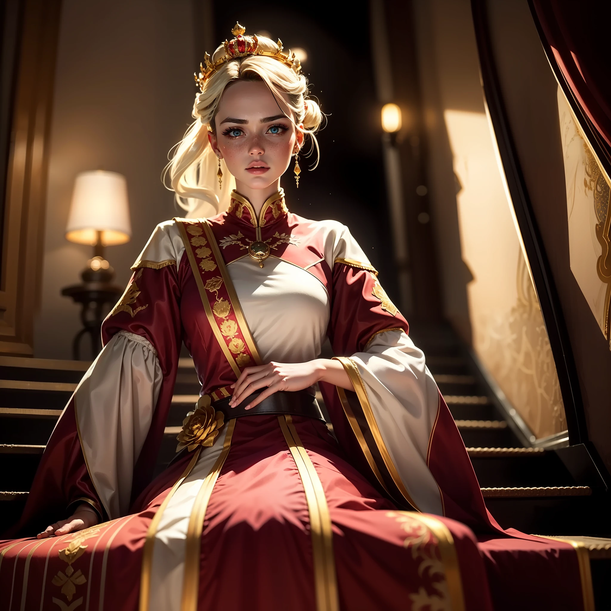 Extremely detailed woman sitting on her throne with reflective Detalles del diamante with a dominant pose in front of the stairs, Ventana gigante y extremadamente detallada detrás de ella, con luz negra blanca, cabello rubio brillante con flequillo, Corona de diamantes extremadamente grande, Ojos azules grandes extremadamente claros y brillantes, pecas, mirando hacia abajo con una mirada de extremo desprecio y odio hacia el espectador, largo, Vestido blanco con detalles dorados y tirantes rojos, escaleras blancas difusas en el medio y tela roja en los extremos, con detalles dorados idénticos en cada pliegue,, Iluminación y sombra extremadamente fuertes en el cabello, sombra extremadamente fuerte en la cara, Detalles del diamante,iluminación volumétrica, Renderizado irreal, renderizado de octanaje, cara perfecta, vestido perfecto, manos perfectas, cara perfecta, ojos perfectos, Ambiente glamuroso, Reflexiones de trazado de rayos, trazado de rayos, RTX, hdr, Afilar, cinematográfico, hora dorada