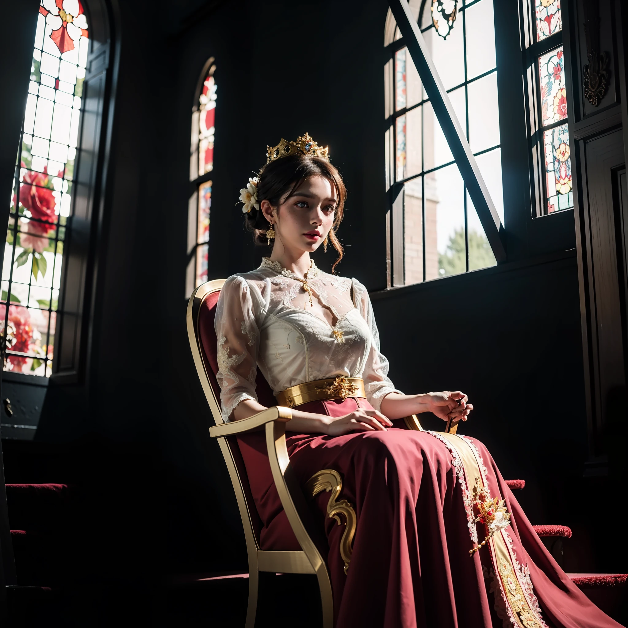 Extremely detailed woman sitting on her throne with reflective détails de diamant with a dominant pose in front of the stairs, fenêtre géante et extrêmement détaillée derrière elle, avec lumière noire blanche, cheveux blonds brillants avec frange, Couronne de diamants extrêmement grande, Extrêmement léger et brillant grands yeux bleus, taches de rousseur, Regarder vers le bas avec un regard de mépris extrême et de haine pour le spectateur, Long, Robe blanche avec détails dorés et bretelles rouges, escaliers flous blancs au milieu et tissu rouge aux extrémités, avec des détails dorés identiques dans chaque pli,, Éclairage extrêmement fort et ombre sur les cheveux, Ombre extrêmement forte sur le visage, détails de diamant,éclairage volumétrique, rendu irréel, rendu d&#39;octane, visage parfait, robe parfaite, des mains parfaites, visage parfait, yeux parfaits, Atmosphère glamour, réflexions de lancer de rayons, Ray Tracé, RTX, hdr, aiguiser, cinématique, heure d&#39;or