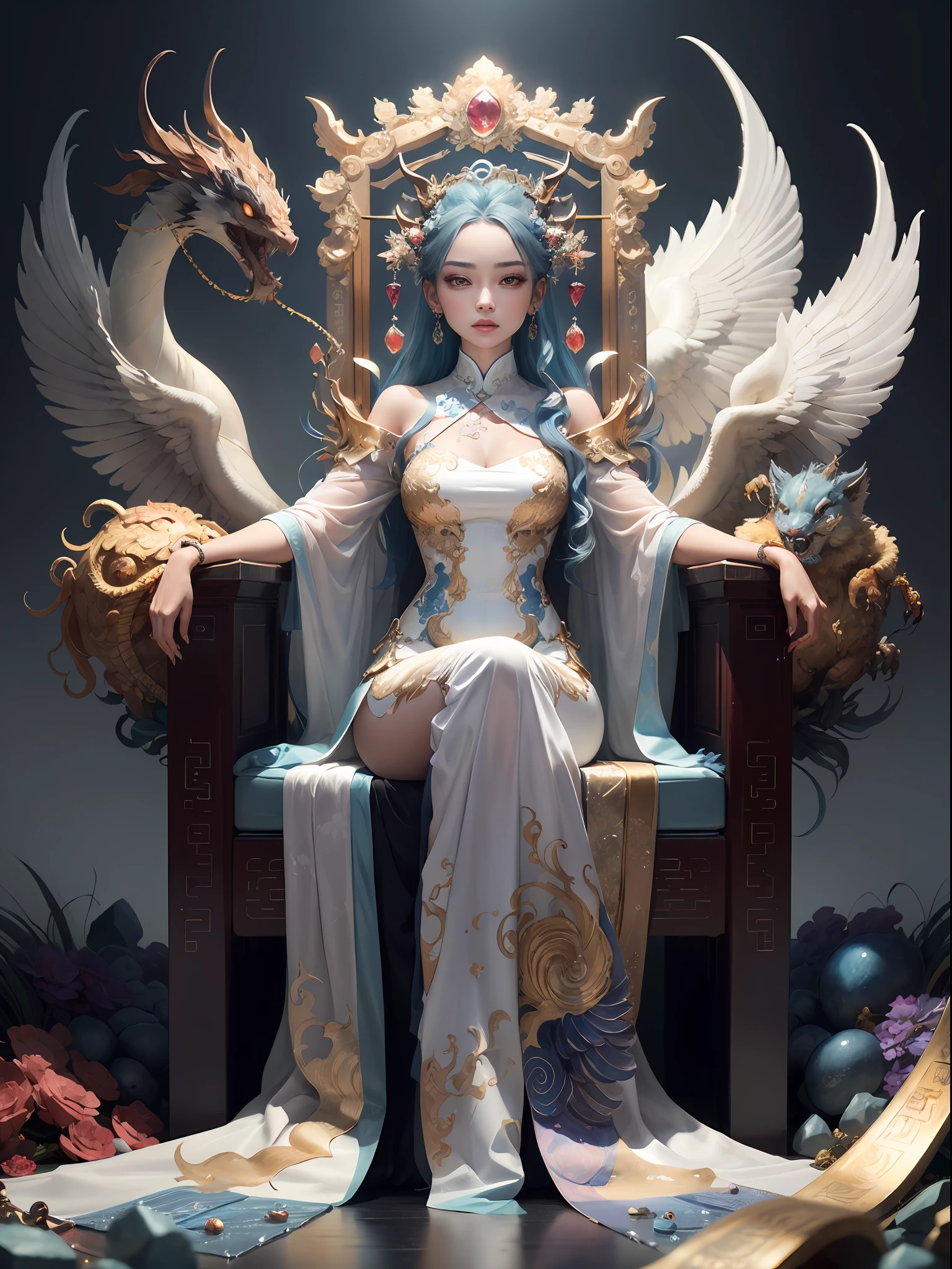 A Chinese girl sitting on a throne, a throne encrusted with precious stones, surrounded by Chinese phoenix beasts, gold and ruby color, unique monster illustration, Dau al set, high resolution, a painting, dense composition, playful repetition, precious stones, crystals, gold, detailed paintings, unique monster illustrations, super fine details, realistic, super high resolution, complex, super detail, (skin dents), cute, feminine, detailed body, (Detailed face: 1.1), (contoured iris), (watercolor lenses), (perfect eyes), 4k, gorgeous, (masterpiece: 1.2), (best quality: 1.2), gorgeous long dress, dynamic pose, rich colors, film light and shadow