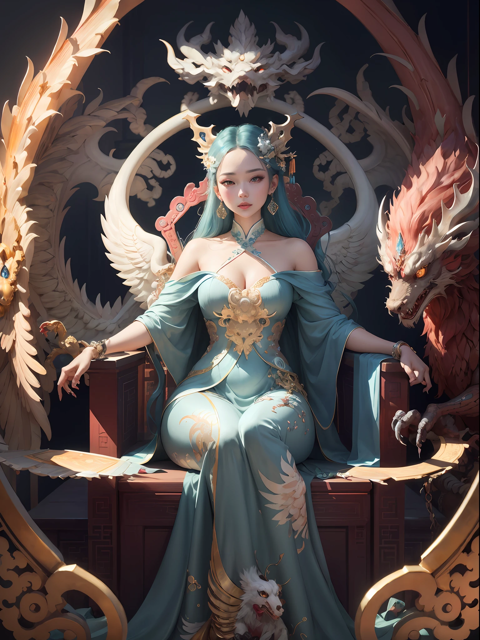 A Chinese girl sitting on a throne, a throne encrusted with precious stones, surrounded by Chinese phoenix beasts, gold and ruby color, unique monster illustration, Dau al set, high resolution, a painting, dense composition, playful repetition, precious stones, crystals, gold, detailed paintings, unique monster illustrations, super fine details, realistic, super high resolution, complex, super detail, (skin dents), cute, feminine, detailed body, (Detailed face: 1.1), (contoured iris), (watercolor lenses), (perfect eyes), 4k, gorgeous, (masterpiece: 1.2), (best quality: 1.2), gorgeous long dress, dynamic pose, rich colors, film light and shadow