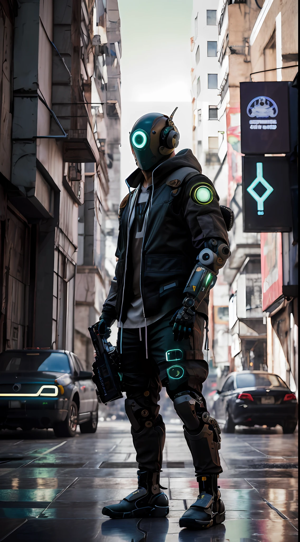 obra de arte, realistic dslr photo de vaquero mecha, em um terno preto e verde com uma mochila, Streetwear assimétrico cyberpunk, Traje cyberpunk superdimensionado, capanga de rua cyberpunk, Uso cyberpunk, Techwear cyberpunk, Estilo cyberpunk silenciado, Ele usa roupas de rua estilo cyberpunk futurista, Soldado Cyberpunk do futuro, mercenário futurista, atmosfera de rua, perigoso, gueto, Estilo cyberpunk hiperrealista, japonês, Ronin,  Todas as roupas largas pretas, capuz com capuz sobre capacete cibernético,  corvo em armadura cibernética, braços mecânicos, brazos robóticoos, ciborgue, Capacete cibernético HUD, Tecnologia avançada, alta tecnologia. futurista, imponente, agressivo, ropa desgastada, intimidador, musculoso, Renderização de octanagem, 4k, Maia, substância, iluminação cinematográfica, cena de ficção científica, melhor qualidade, HDR, auto-foco, toma nitida, luz del atardecer, misterioso mercenário ciborgue del futuro cyberpunk, dramático, intrincado, Não existem humanos, robótico, ciborgue, mercenário, cibercasco, você é um merda!,