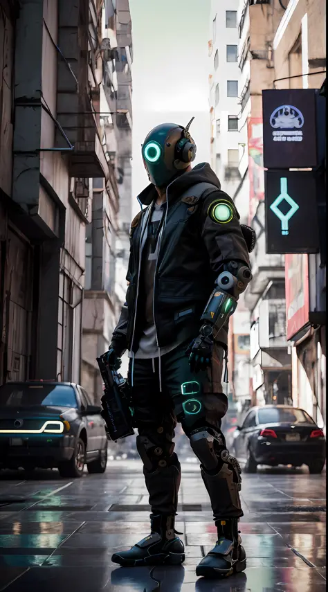 masterpiece, realistic dslr photo de vaquero mecha, con un traje negro y verde con una mochila, cyberpunk asymetric streetwear, ...