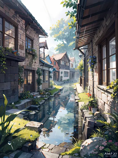 on a gray, rainy day in the small mountain village of aetherbrook, the narrow streets glisten with rainwater, reflecting the mut...