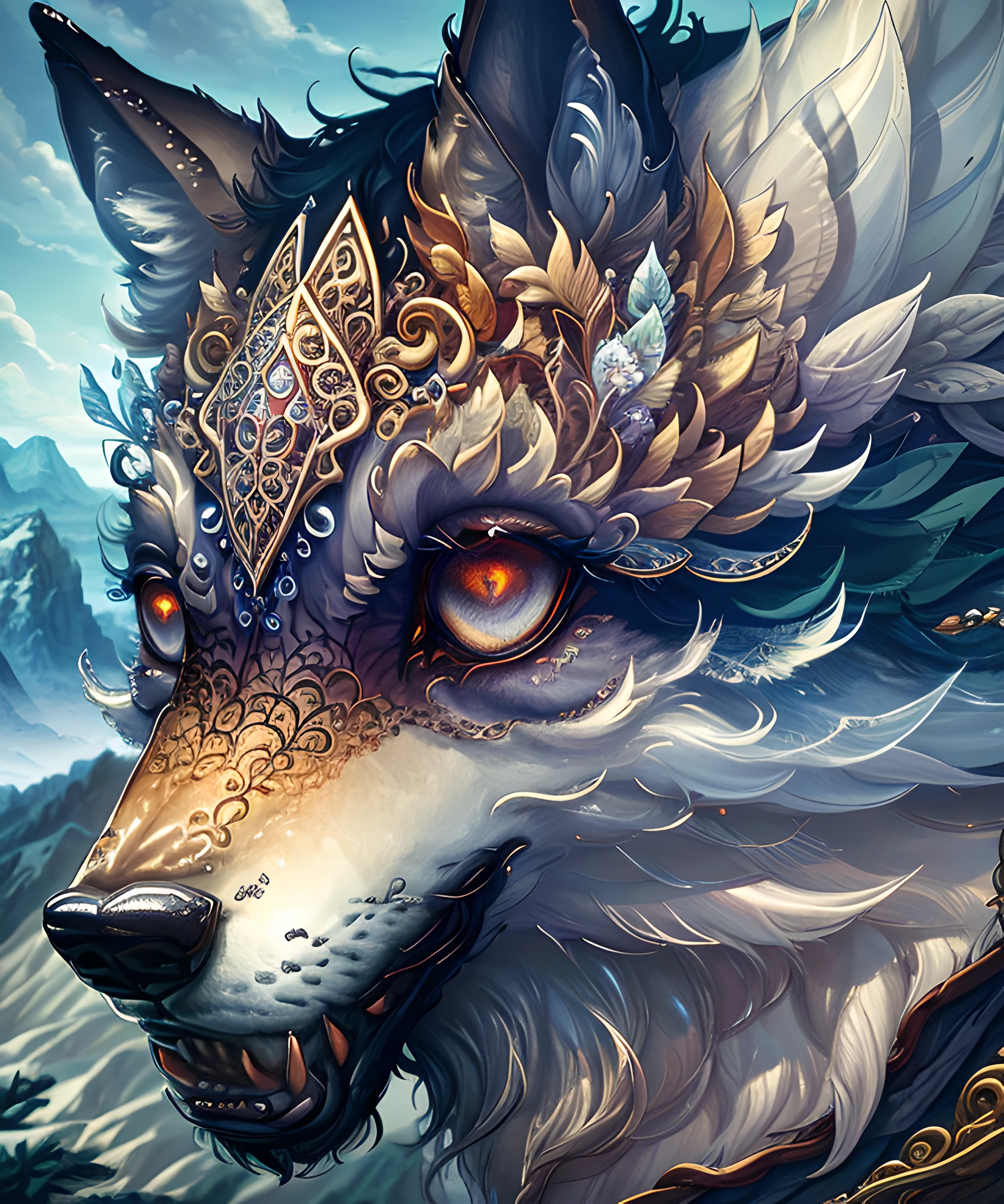 (masterpiece), best surreal closeup of a majestic wolf, mystical and otherworldly, with intricate fur and piercing eyes, in the breathtaking mountain landscape of NCWinters.