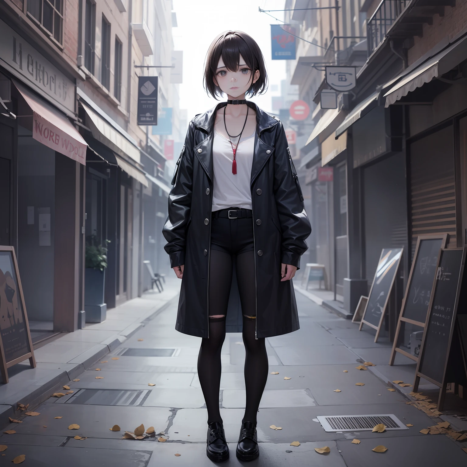 Anime - style woman in black coat and black tights standing on a city  street - SeaArt AI