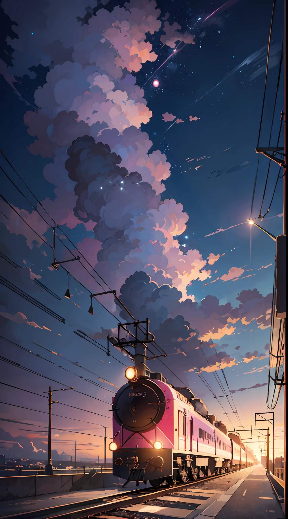 Train animé sur des voies avec un fond de ciel et des nuages - SeaArt AI