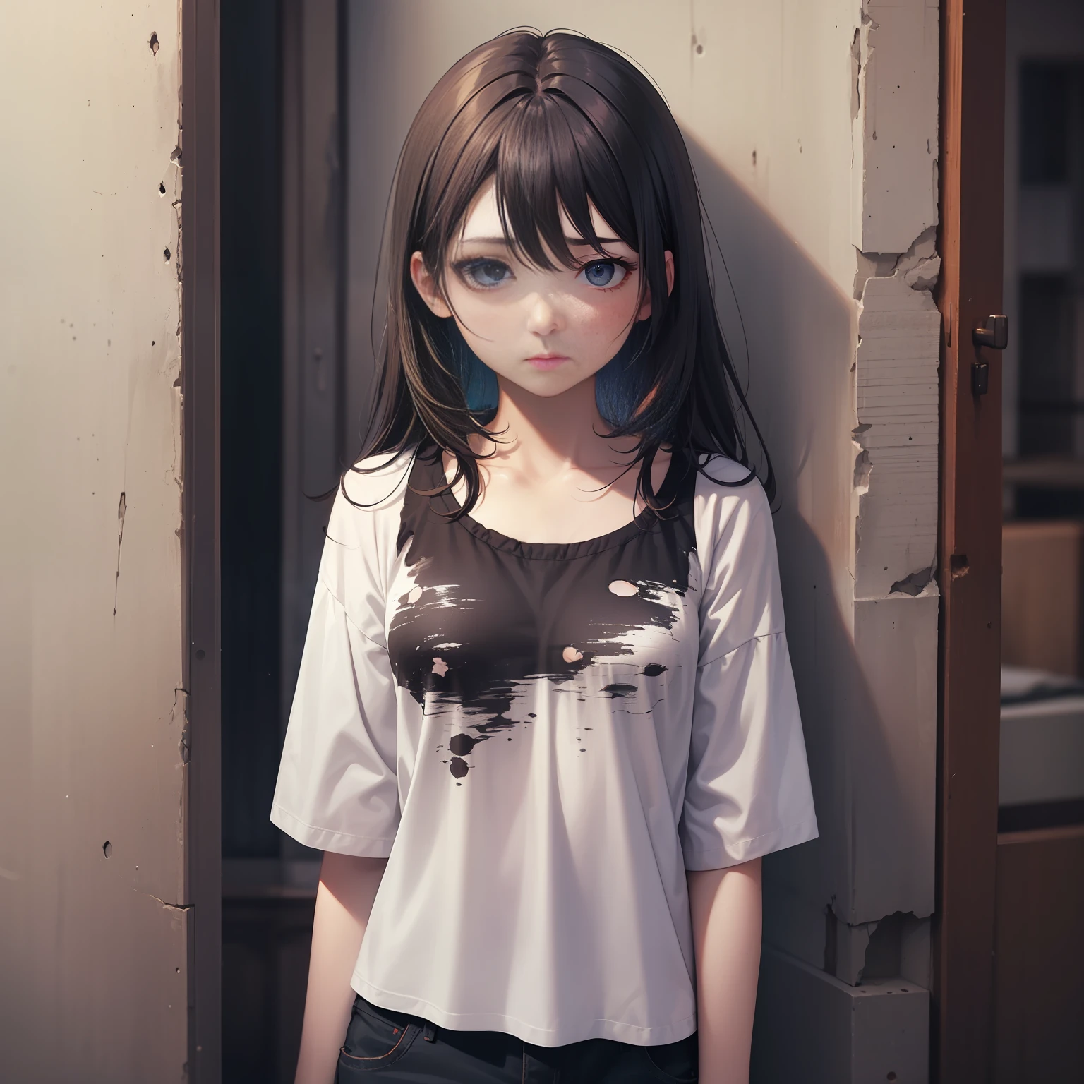 Anime girl with black hair and white shirt standing in front of a door -  SeaArt AI