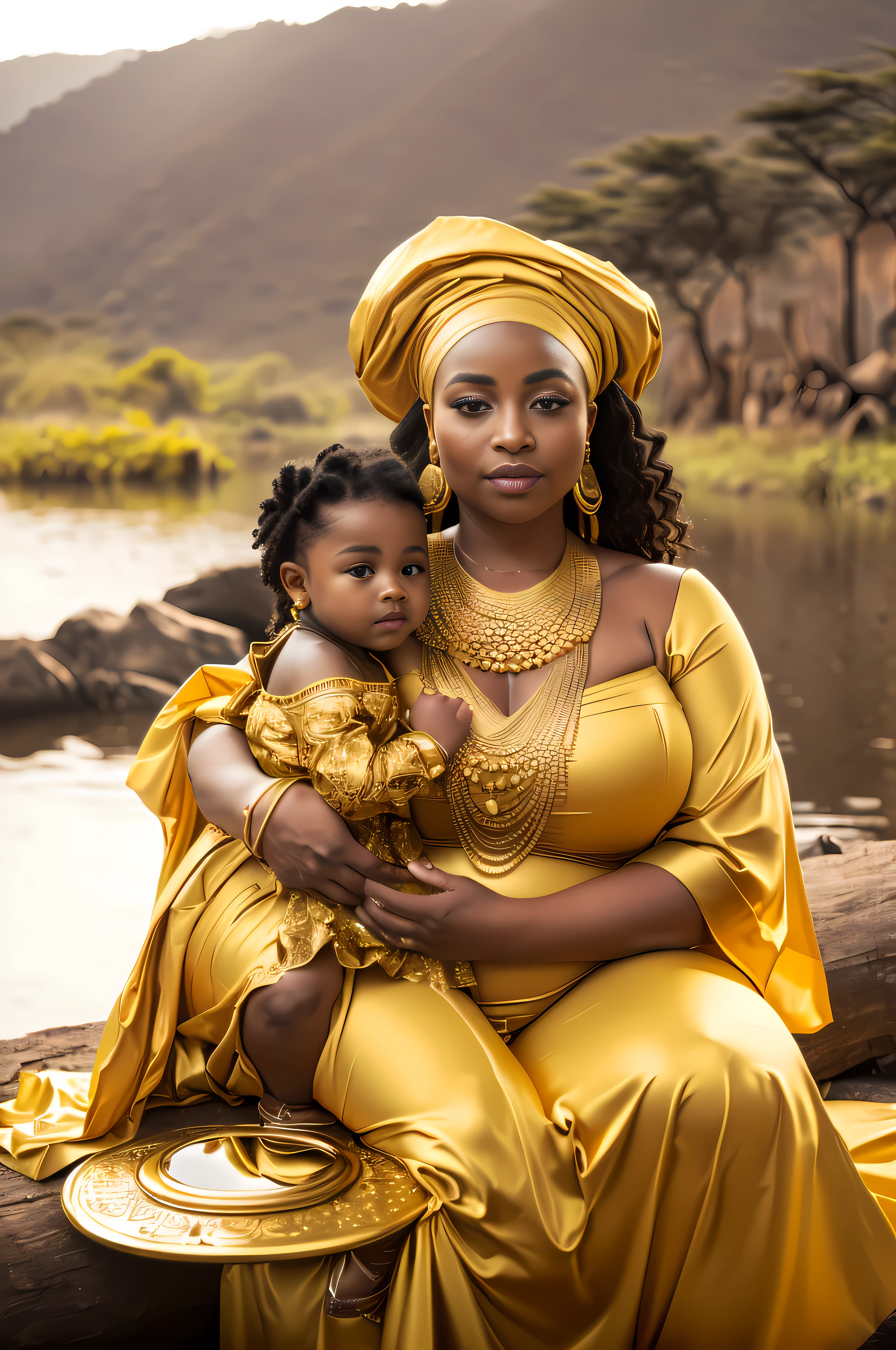 a pregnant woman in a gold dress holding a baby, Princesa africanaa deslumbrante, Princesa negra africanaa, Rainha africanaa, african princess, golden hues, photo of a beautiful, shades of gold display naturally, mulher africanaa, maternal photography 4 k, gorgeous  woman, traditional beauty, africana, draped in silky gold, Joias africanaas intrincadas, golden colors, golden aura, coberto de ouro