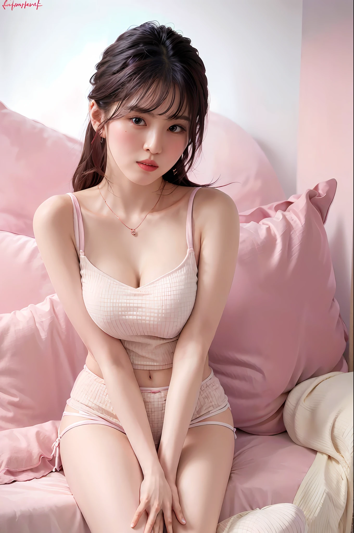 realisticlying，8K，Ultra Realistic Detail，Sharp focus，Delicate skin，（Outside，Usually comfortable in soft lighting），（Purple miniskirt，Pink lingerie，red heels，statement necklace），Extremely detailed face and eyes，（Large breasts)，Wear white stockings，Long white curly hair，Station