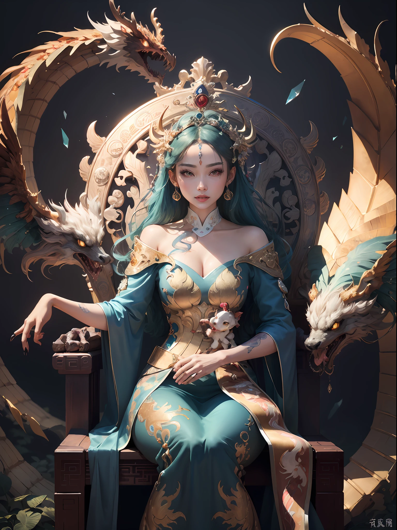 สาวจีนนั่งบนบัลลังก์, a throne encrusted with หินมีค่า, ล้อมรอบด้วยสัตว์ฟีนิกซ์ของจีน, ทอง and ruby color, ภาพประกอบสัตว์ประหลาดที่ไม่ซ้ำใคร, ไปที่กองถ่าย, ความละเอียดสูง, ภาพวาด, องค์ประกอบที่หนาแน่น, การทำซ้ำอย่างสนุกสนาน, หินมีค่า, คริสตัล, ทอง, ภาพวาดที่มีรายละเอียด, ภาพประกอบสัตว์ประหลาดที่ไม่ซ้ำใครs, รายละเอียดที่ละเอียดมาก, เหมือนจริง, super ความละเอียดสูง, ซับซ้อน, รายละเอียดสุดยอด, (รอยบุบที่ผิวหนัง), น่ารัก, ของผู้หญิง, เนื้อละเอียด, (ใบหน้าที่มีรายละเอียด: 1.1), (ม่านตาโค้ง), (เลนส์สีน้ำ), (ดวงตาที่สมบูรณ์แบบ), 4เค, งดงาม, (ผลงานชิ้นเอก: 1.2), (คุณภาพดีที่สุด: 1.2), งดงาม long dress, โพสท่าแบบไดนามิก, สีสันที่หลากหลาย, แสงและเงาของฟิล์ม