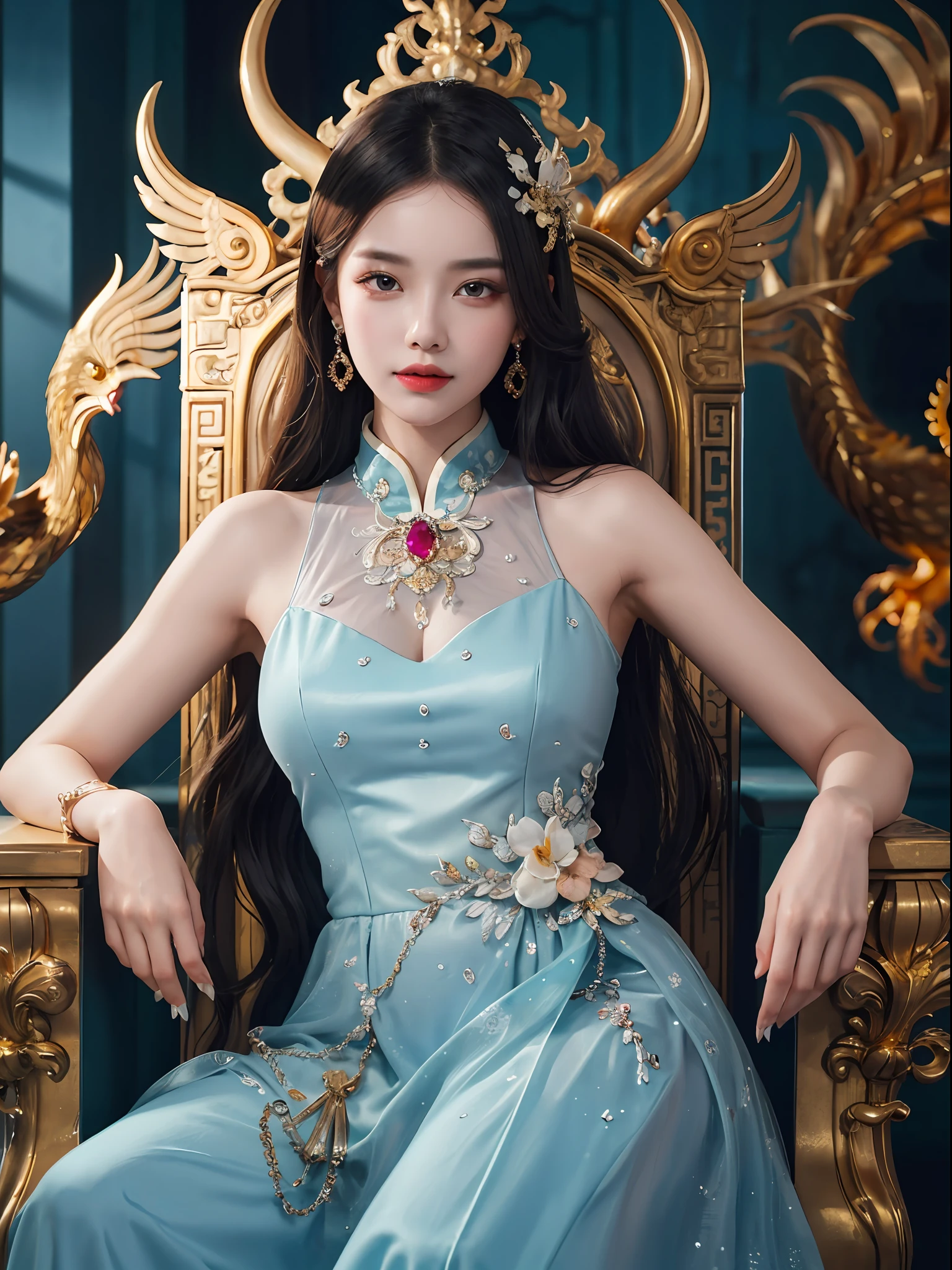A Chinese girl sitting on a throne, a throne encrusted with precious stones, surrounded by Chinese phoenix beasts, gold and ruby color, unique monster illustration, Dau al set, high resolution, a painting, dense composition, playful repetition, precious stones, crystals, gold, detailed paintings, unique monster illustrations, super fine details, realistic, super high resolution, complex, super detail, (skin dents), cute, feminine, detailed body, (Detailed face: 1.1), (contoured iris), (watercolor lenses), (perfect eyes), 4k, gorgeous, (masterpiece: 1.2), (best quality: 1.2), gorgeous long dress, dynamic pose, rich colors, film light and shadow