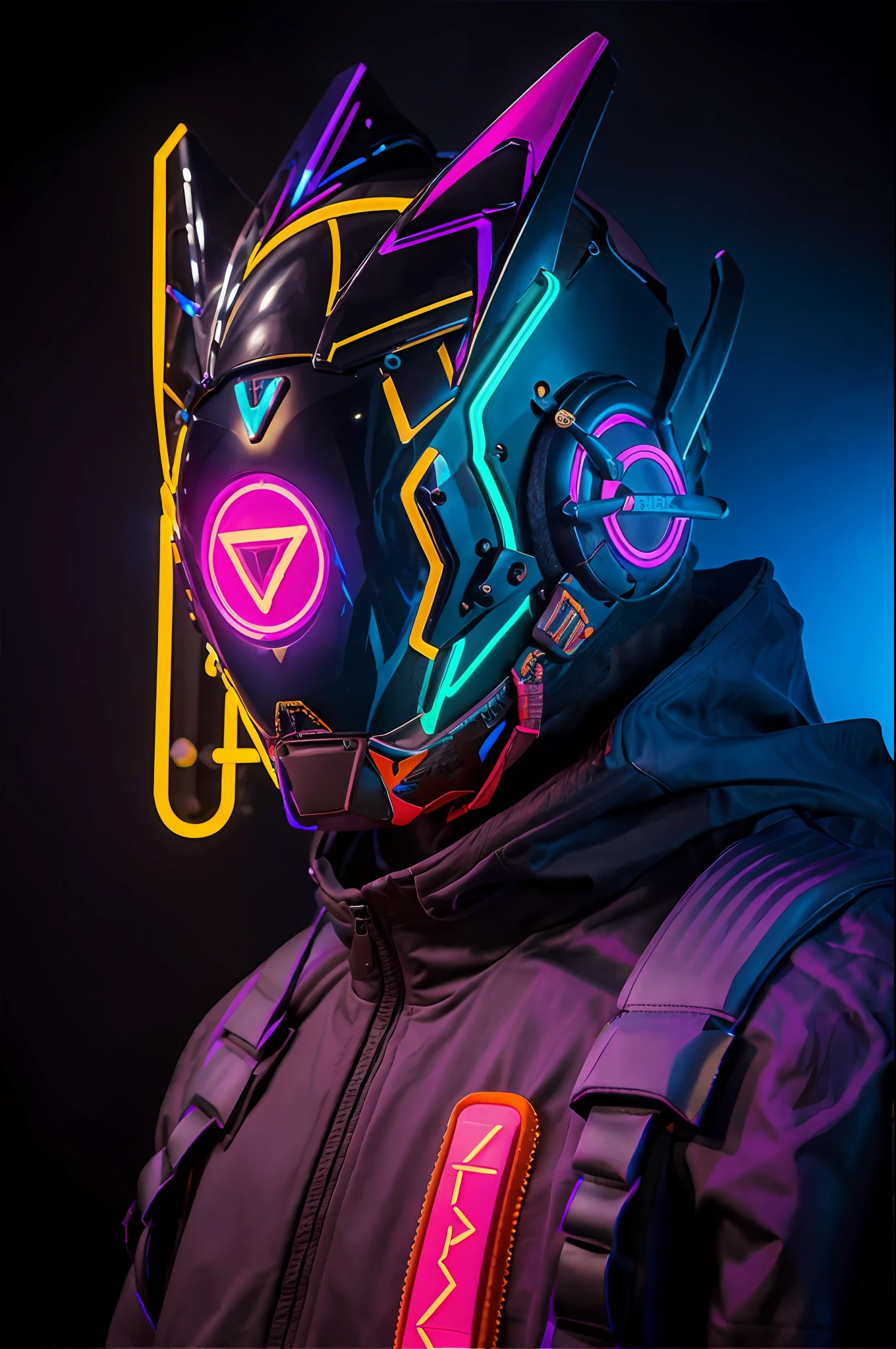 las marcas de la chaqueta convierte en triangulos azul neon, agrega un  cibercasco realista del estilo daftpunk pero mas rudo e intimidante