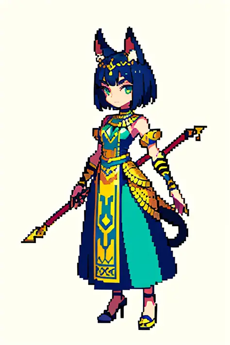 pixel, pixel art create an anthropomorphic, female cat, with Egyptian clothes more feline, pulando