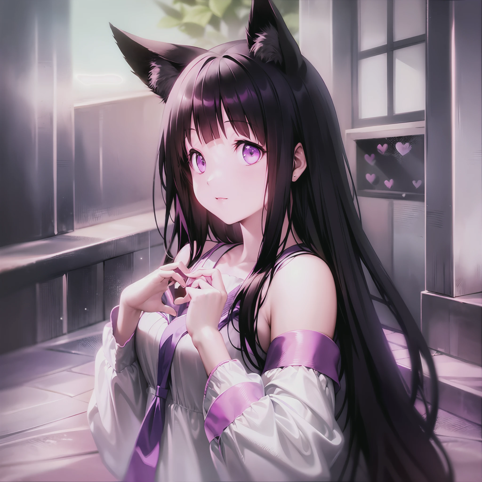 Eru Chitanda with long black hair and purple eyes, makes a heart with your hands