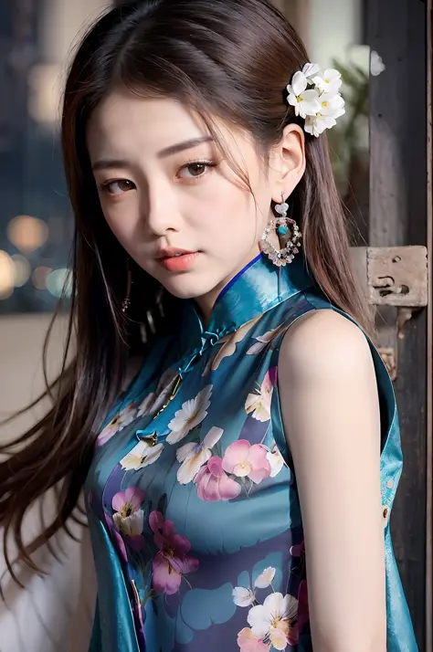 (sleeveless chinese clothes:1.5),  floral print,  (night cityscape background:1.5), (1girl:1.6),   long hair, ulzzang-6500v1.1, ...