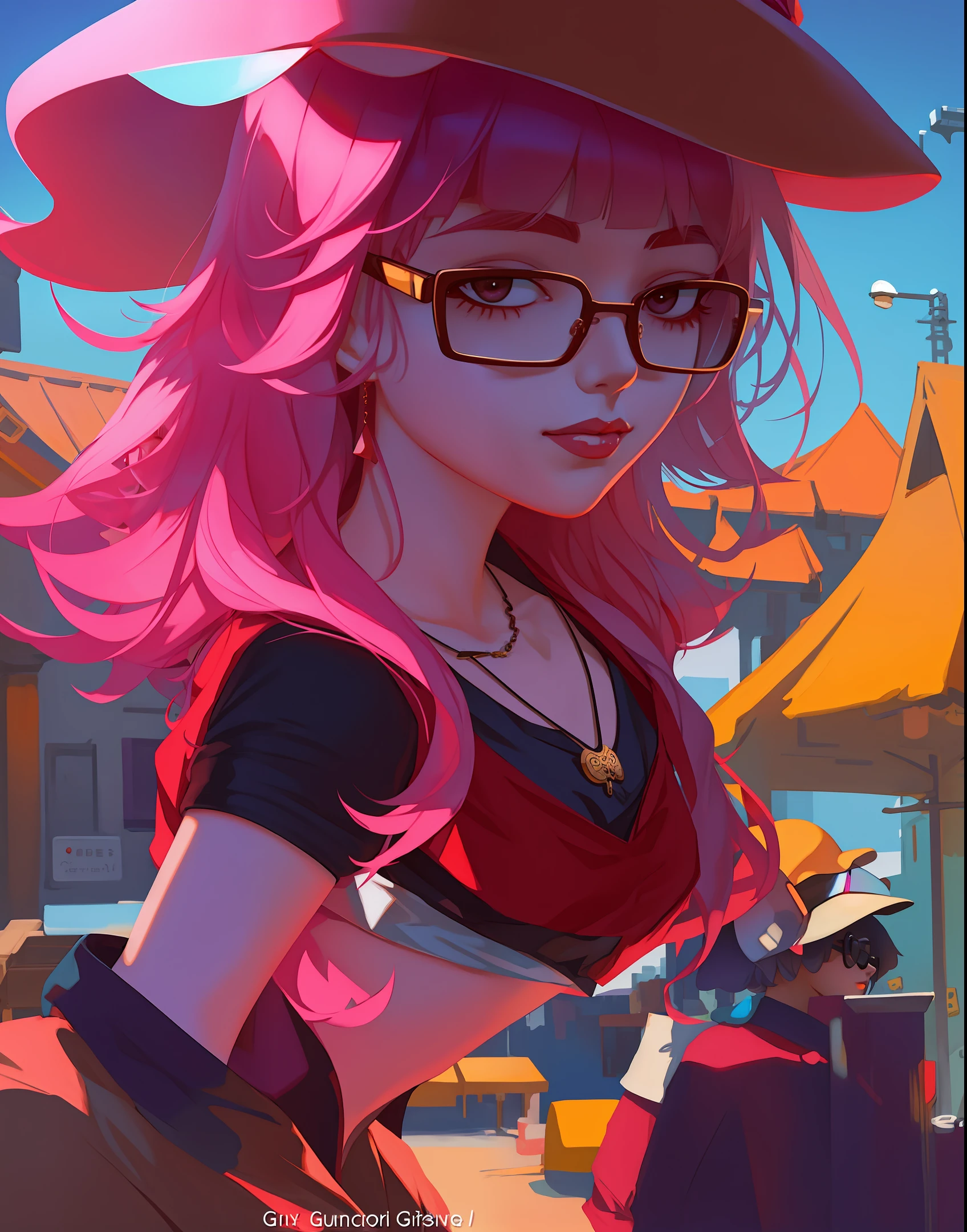 Anime-Mädchen mit Brille, rosa Hut und Halskette, artwork in the style of guweiz, guweiz, inspiriert von Yanjun Cheng, guweiz masterpiece, by Yanjun Cheng, guweiz on pixiv artstation, guweiz on artstation pixiv, detaillierte digitale Anime-Kunst, Anime-Stil. 8k, Digitale Anime-Illustration