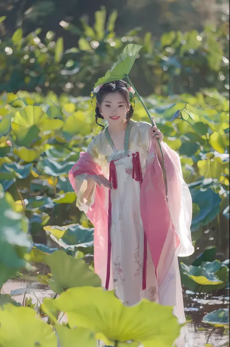 araffe dressed in a pink and white dress holding a green umbrella, hanfu, royal palace ， a girl in hanfu, wearing ancient chines...