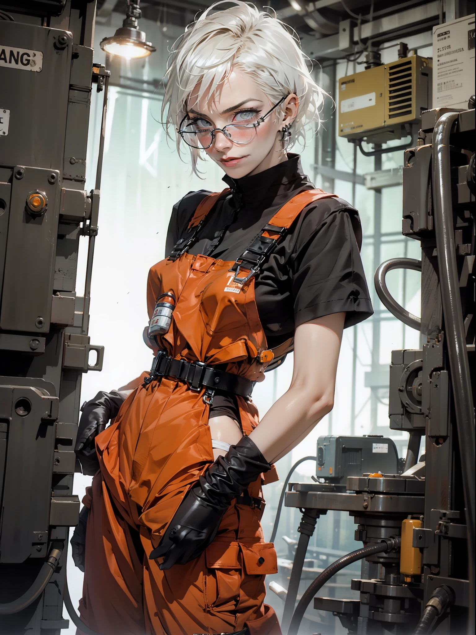 Nijistyle, short hair, NNLNNX, A muscular 35-year-old female welder working hard in a nearly naked steel industry in the Simon Bisley style, (( Welder's technological glasses on the forehead )), Holding a blowtorch, fumando um charuto, charuto entre os dentes, She wears a bandana on her head and is working hard operating machines in the production of parts for robots, suada, pele molhada de suor, suja, cansada mas sorrindo, orange worker overalls with typographies, ((( cor de laranja ))), corpo perfeito, seios grandes com decote, ((( cabelo super curto loiro claro ))), ((( rosto adulto ))), ((( Annie Lennox ))), Minimum clothing, mostrando parte dos seios, decote invertido, Nijistyle, jantar adulto, cena sensual, extremamente sexy